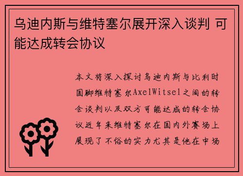 乌迪内斯与维特塞尔展开深入谈判 可能达成转会协议