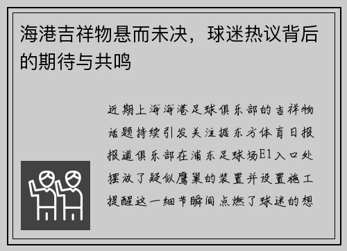 海港吉祥物悬而未决，球迷热议背后的期待与共鸣