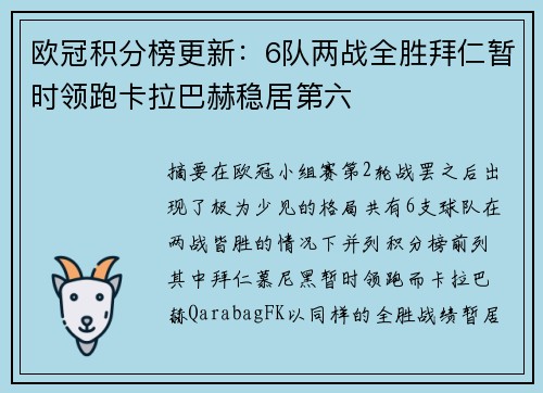 欧冠积分榜更新：6队两战全胜拜仁暂时领跑卡拉巴赫稳居第六