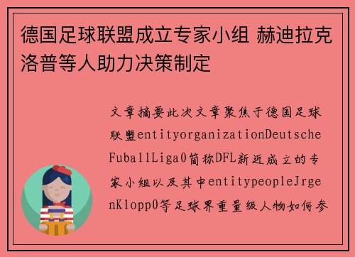 德国足球联盟成立专家小组 赫迪拉克洛普等人助力决策制定