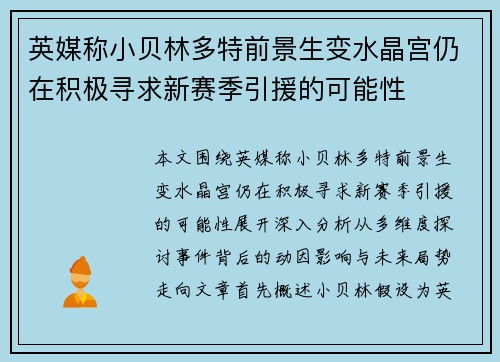英媒称小贝林多特前景生变水晶宫仍在积极寻求新赛季引援的可能性